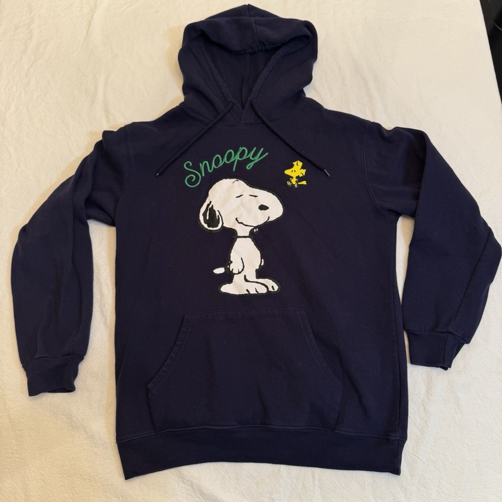 Peanuts Freeze Snoopy Woodstock Hoodie Small Navy Blue Fleece Be Happy Pullover